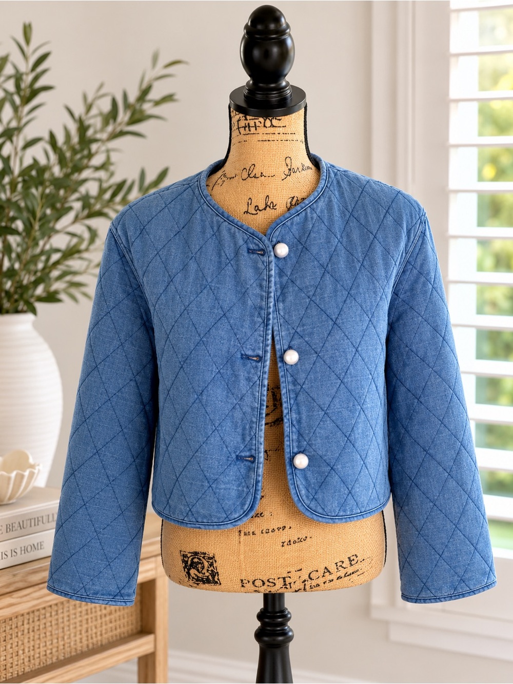kate spade Quilted Light Blue Crop Jacket with Pearl Buttons